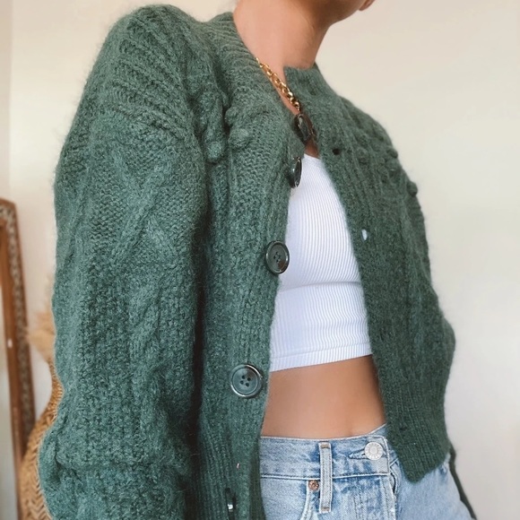 Green Fuzzy Pom Pom Cardigan - New - Picture 3 of 6